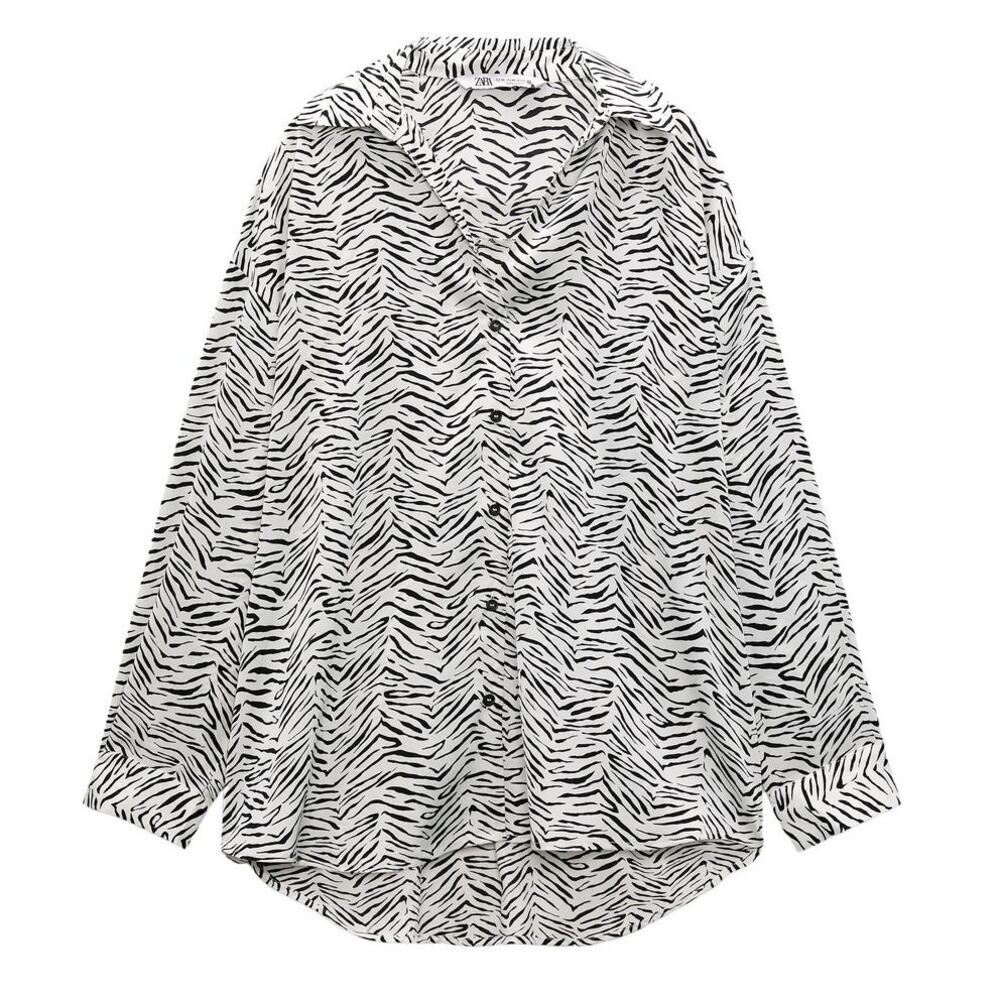 Zara Oversized Animal Print Long Sleeve Button Front Blouse Black White
